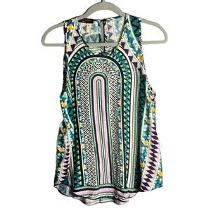 Renee C Black and Green Geometric Sleeveless Blouse Size Large